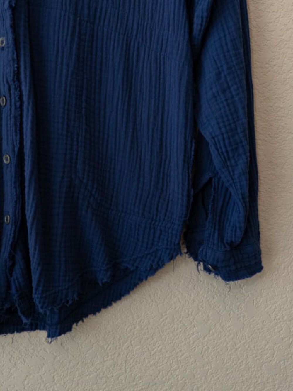 Zenana Gauze Button Up Shirt Blue Raw Hem Oversized Pocket Top Cotton Small - Picture 7 of 13